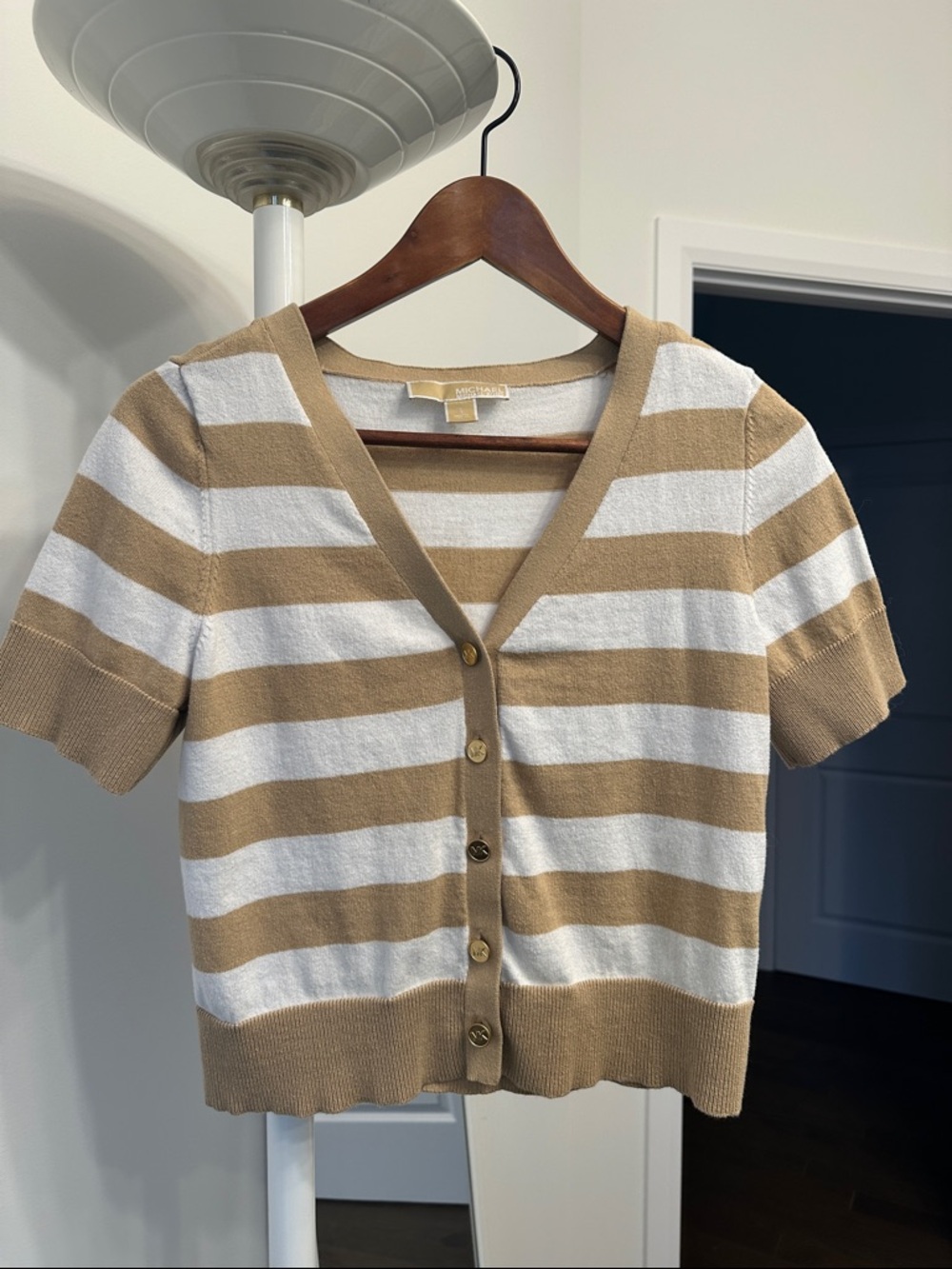 Michael Michael Kors Striped Short-Sleeve Button front Cardigan - Tan & White - Picture 2 of 5